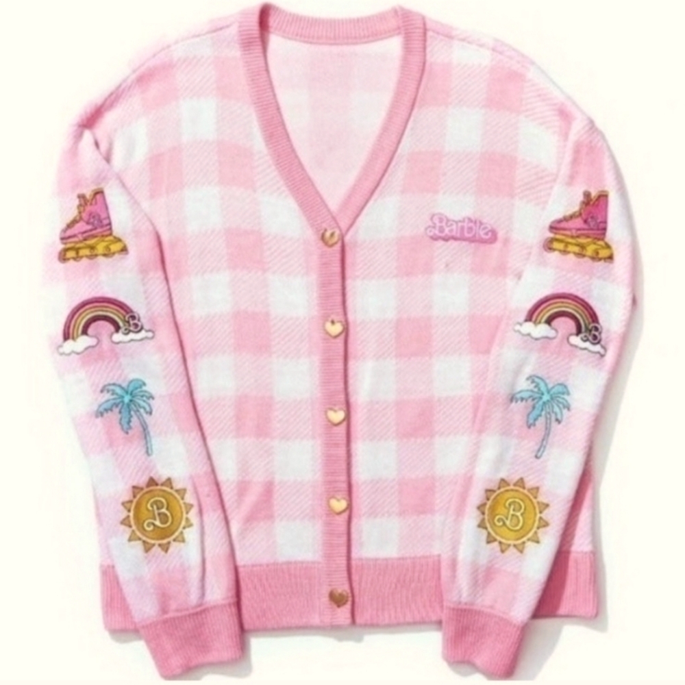 Barbie Pink Checkered Cardigan with Embroidered Accents NWT